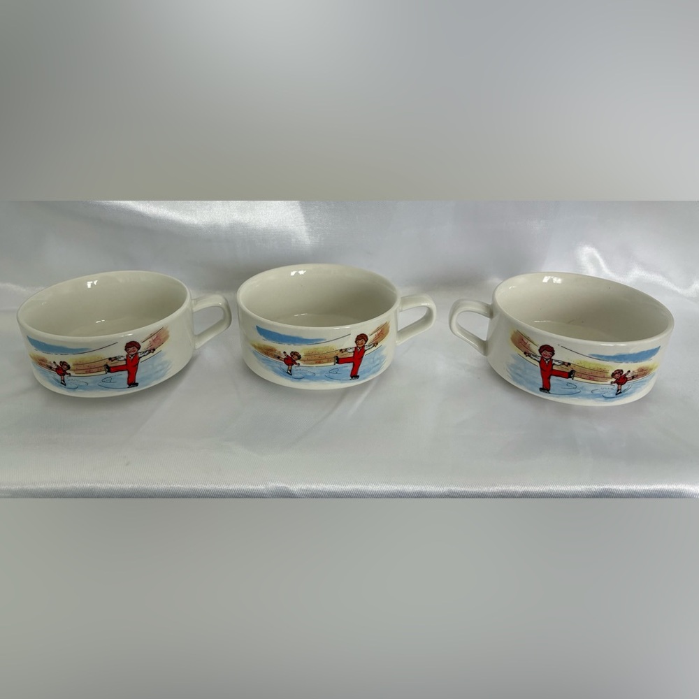 Vintage Campbells Soup Bowls Set of 3 with Figure skater, 1 skier, and 1 BBQ